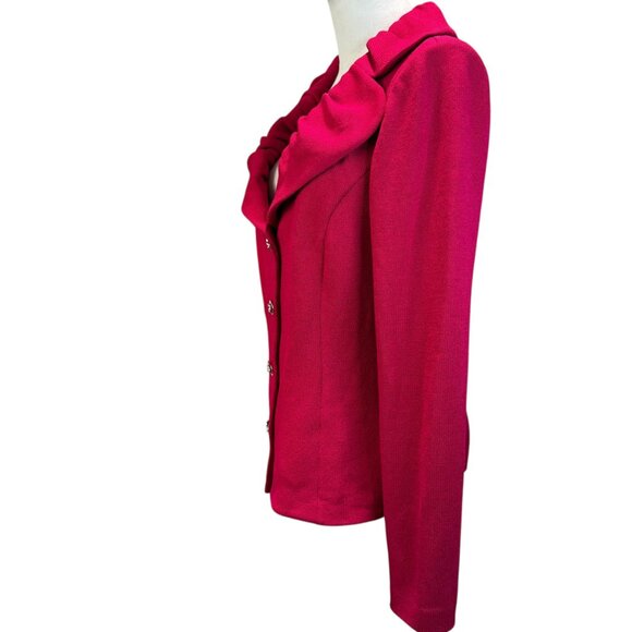 St. John Evening Raspberry Red Knit Jacket Size 10 | Rhinestone Button Blazer - Picture 6 of 10